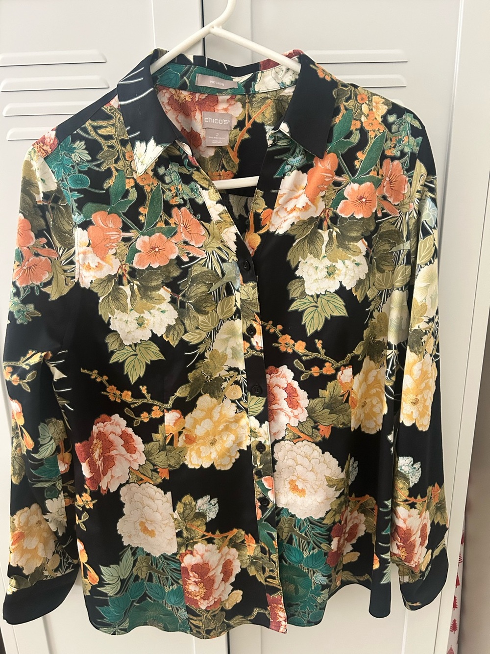 Chico's Black Floral Button-Down Blouse with Green and Cream Accents